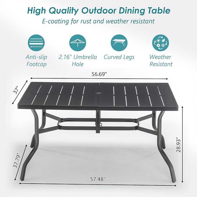 Thanaddo 57" Outdoor Patio Dining Table, Metal Rectangular Table with 2.16" Umbrella Hole, Weather-Resistant Slatted Steel Table for Backyard, Garden, Poolside, Black