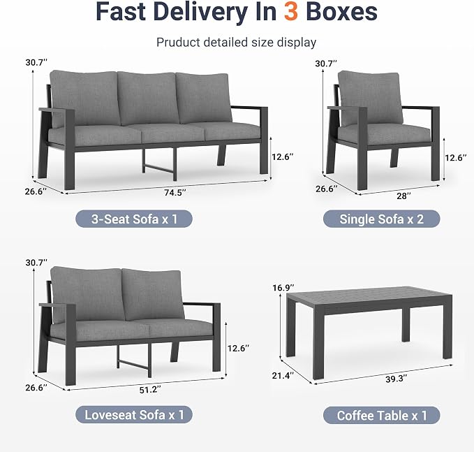 UDPATIO Aluminum Outdoor Patio Furniture Set 5 Pieces Metal Conversation Sets 7 Seat Sectional Sofa Modern Seating Set with Coffee Table for Outdoor Garden Backyard, Dark Grey