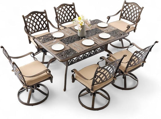 7 Piece Outdoor Dining Set Cast Aluminum Furniture Set，Retro Patio Dining Set for 6 Includes 59” Table and 6 Swivel Chairs with Cushions and 2" Umbrella Hole for Patio Deck Garden Poolside