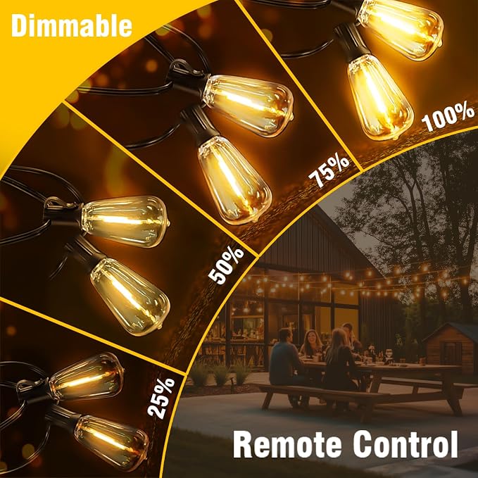 Solar String Lights Outdoor Waterproof Lights with Remote & Timer, LED Shatterproof ST38 Bulbs, USB & Solar Powered Patio Lights for Backyard, Porch, Garden, Wedding, Christmas Decor (50FT)
