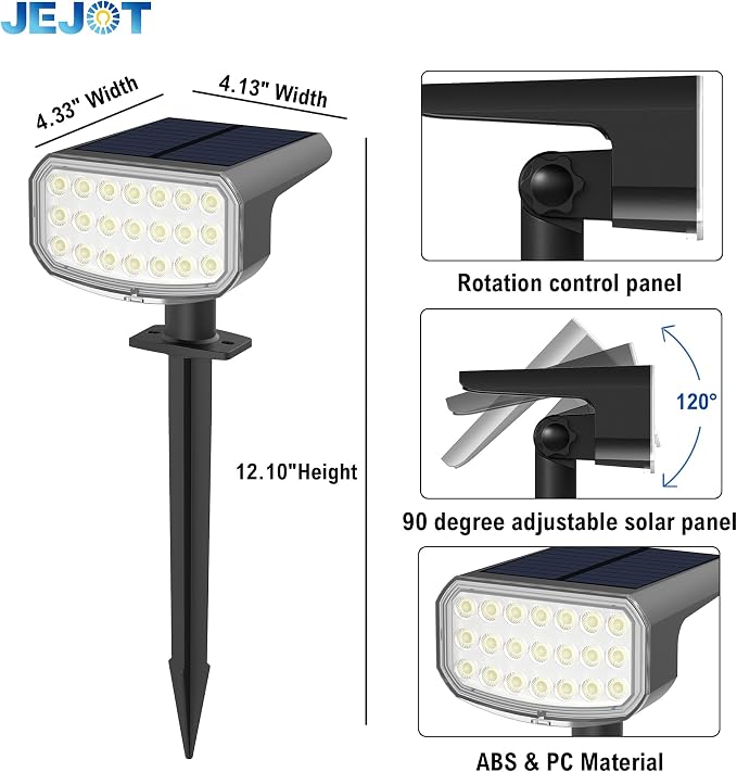 JEJOT Solar Lights Outdoor Waterproof IP65, Super Bright LED with Lens, 6500K 2 Lighting Modes, Solar Powered Yard Garden Solar Spot Lights for Outside Landscape Auto On/Off - 8 Pack