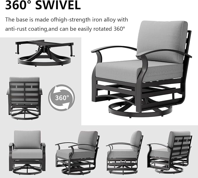 Aluminum Patio Furniture Set with Fire Pit Table, 7 Seats Outdoor Patio Conversation Sets with Swivel Chair Modern Metal Sectional Sofa with Upgrade Cushions for Patio, Backyard - Grey