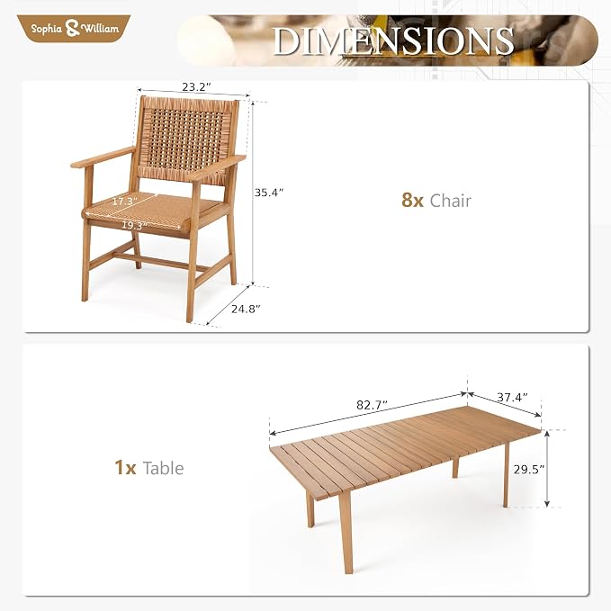 Sophia & William Patio Dining Set, Rattan, Chairs, Dark Brown | Rattan, Wicker, Wood, Weather resistant, Breathable fabric