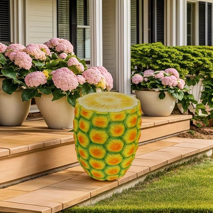 Pineapple Shaped Resin Stool 14" – Outdoor Garden Stool, Side Table & Plant Stand | Weather-Resistant Tropical Decor for Patio, Balcony, Living Room, Indoor & Outdoor Use (Pineapple)