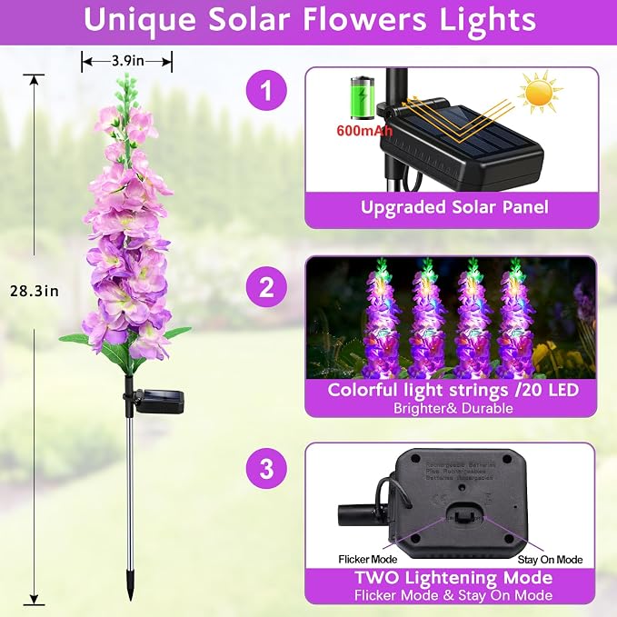 MRHEPHAESTUS Solar Garden Lights, Solar Purple Delphinium Flowers Lights 8 Pack 160 LEDs, Waterproof Outdoor Light Two Lighting Modes for Outside Wedding Party Garden Yard Patio Lawn Decor
