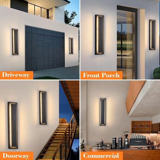 tewei 23.6 Inch Modern Outdoor Wall Sconce, Long Black LED Exterior Lighting Fixtures, Modern Large Outdoor Front Porch Lights Outside Wall Mount Lights for House, Warm White 3000K, 2 Pack