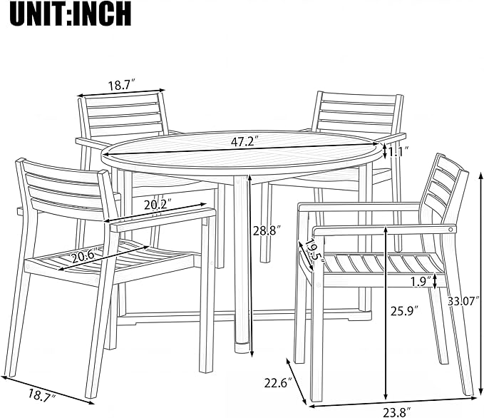 SOFTSEA 5-Piece Patio Dining Set, Acacia Wood Outdoor Table & Chairs, All-Weather Patio Round Dining Set for Garden, Deck, Poolside, Light Gray