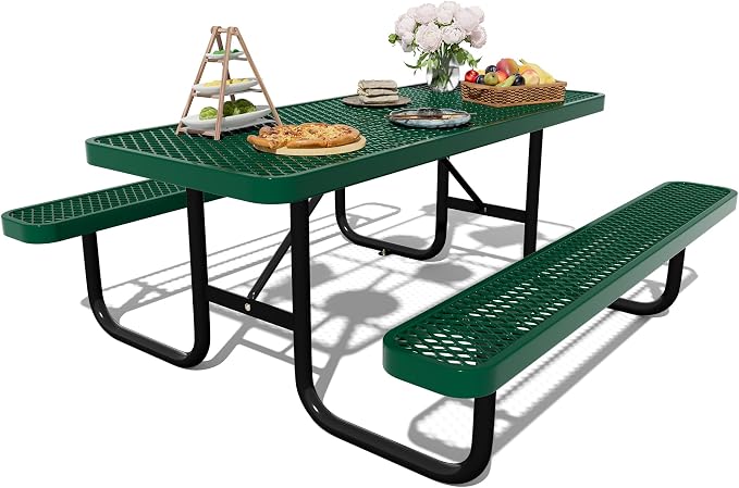 Picnic Tables for Outdoors,Commercial Metal Picnic Table Bench Set with Umbrella Hole,School Canteen Tables W/Seats - Heavy Duty Sturdy Picnic Tables Furniture for Patio Garden (Green, 6FT)