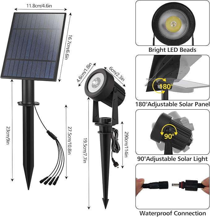 T-SUN Solar Spotlights, 4-in-1 Solar Landscape Spot Lights Outdoor Waterproof Auto ON/Off 5W Separate Solar Panel LED Lights, Solar Lights for Garden, Yard, Driveway, Pool Area(Warm White-3000K)