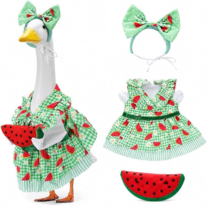 Porch Goose Outfit Set, Dress Bow Headband & Watermelon Slice Prop, Fits 23 Inch Lawn Goose Statue, Cute Novelty Outdoor Garden Yard Decor