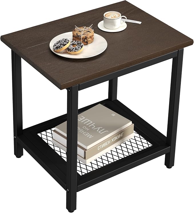 2-Tier Outdoor Side Table with Storage, Weather Resistant Patio End Table, HDPS Small Accent Table for Deck, Garden, Pool, Backyard, Brown 2pcs