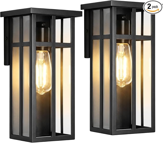 Outdoor Wall Light Fixtures, Modern Black Porch Wall Lights | Waterproof Construction & Durable Metal, Rust-Resistant, Quick & Easy Installation, Clear Glass Shades & Standard E26 Socket