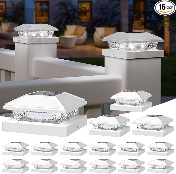 Solar Post Cap Lights,4x4 Post Solar Light Cool White,White 16 Pack | Fence Post Solar Lights for 4x4 Post Caps Wood Vinyl &5x5 Vinyl Post,IP64 Waterproof Solar Post Lights Outdoor for Deck