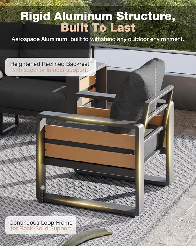 Aoxun Aluminum Patio Furniture Set with Fire Pit Table, 4 Piece Luxury Outdoor Sectional with 6" Olefin Fabric Cushions, Patio Conversation Sets with Waterproof Cover for Backyard, Porch Dark Grey