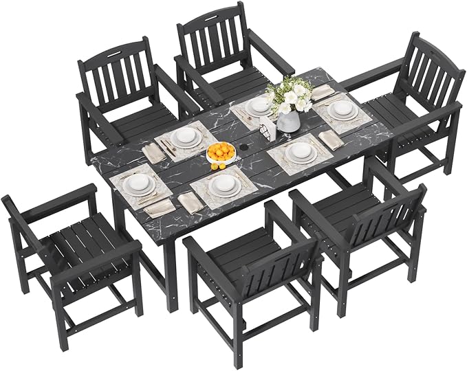 7-Piece HIPS Patio Dining Set, 66.9" W Marble Texture Outdoor Table with Umbrella Hole & 440LBS Capacity & Galvanized Steel Frame, 6 Chairs | 19.7" W, Dining Table Furniture Set for 6, Black