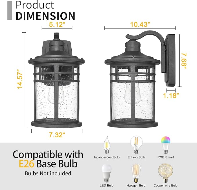 Darkaway Dusk to Dawn Outdoor Porch Wall Light,Outside Wall Mounted Light Seeded Glass Exterior Waterproof Lantern 14.57inch Large Modern Wall Sconce Lighting for House Front Door Garage