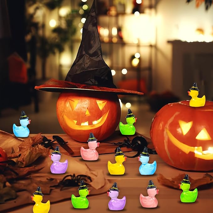50 Pcs Halloween Luminous Mini Resin Ducks Miniature Figurines | Tiny Little Plastic Duck Figures with Witch Hat Glow in the Dark, Halloween Crafts Micro Landscape Fairy Garden Party Decor