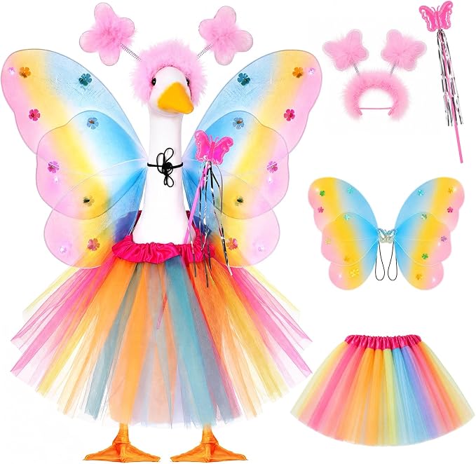 5pcs Butterfly Porch Goose Outfit Costume Tutu Skirt Butterfly Wing Wand Flower Crown for 17‘' 23‘' Cement Goose