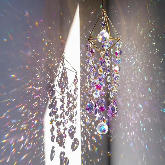 21.5'' Crystal Prisms Suncatcher for Window Hanging,Purple | Rainbow Maker,Sun Catcher Indoor Window,Glass Wind Chimes,Whimsical Decor For Home Garden,Zen Christmas Birthday Gift