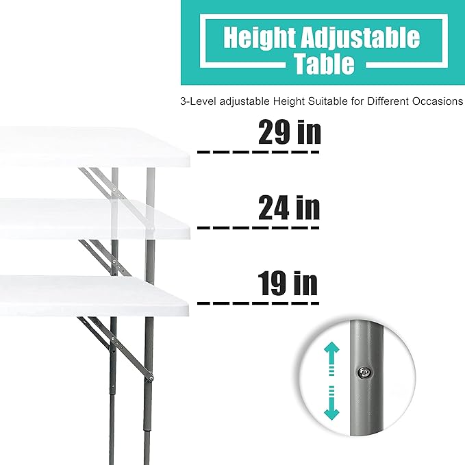 Folding Table 4/6/8 Foot, Foldable Table Adjustable Height Card Table, Indoor Outdoor Small Desk, Portable Plastic Picnic Party Dining Camping Bar Low Tables, Fold in Half Heavy Duty, White