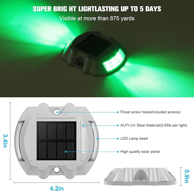 VOLISUN Solar Deck Driveway Dock Lights,Solar Pathway Lights,Green 4 Pack | Solar Powered LED, IP68 Waterproof Led Outdoor Warning Step Marine Lights for Sidewalk Garden Yard