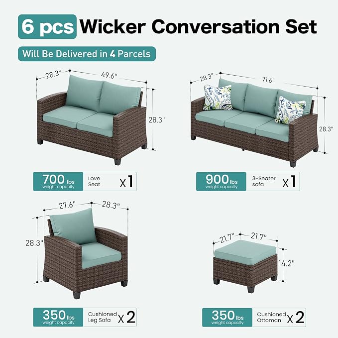 SUNSHINE VALLEY Patio Furniture Set Outdoor Furniture Brown Wicker Rattan Patio Conversation Sets with Cushion Outside Sofa Set,6 Pieces 9 Seats,Blue