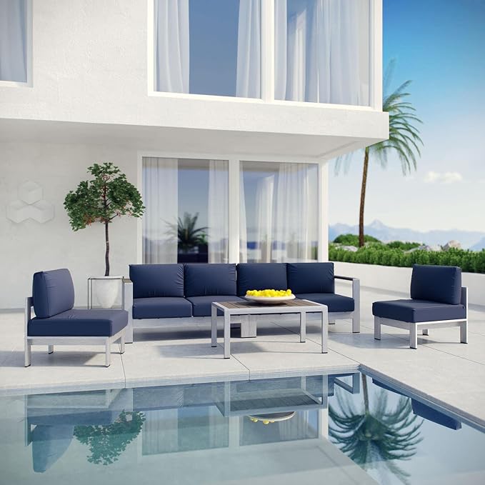 Modway Shore 5-Piece Aluminum Outdoor Patio Sectional Sofa Set in Silver Navy