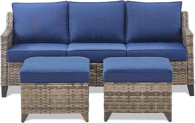 Buenhomino 3 Pieces Patio Furniture Sofa Set-Outdoor Wicker Patio Furniture Covered Couch with Multifunctional Ottoman and All-Weather Patio Conversation Set for Backyard Porch Garden Grey/Blue