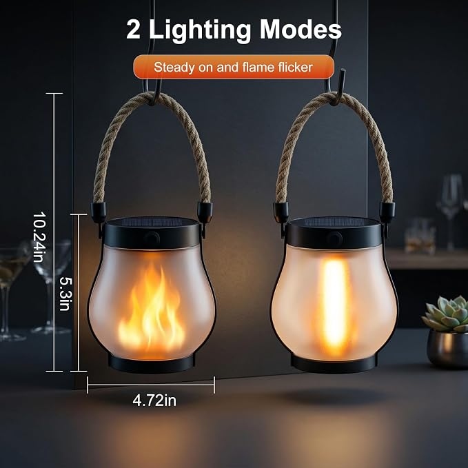 Solar Lanterns Outdoor Waterproof 4-Pack, Flickering Flame Effect | Rechargeable lanterns with USB-C charging, a decorative hanging design, and dusk-to-dawn use for patios, porches and gardens