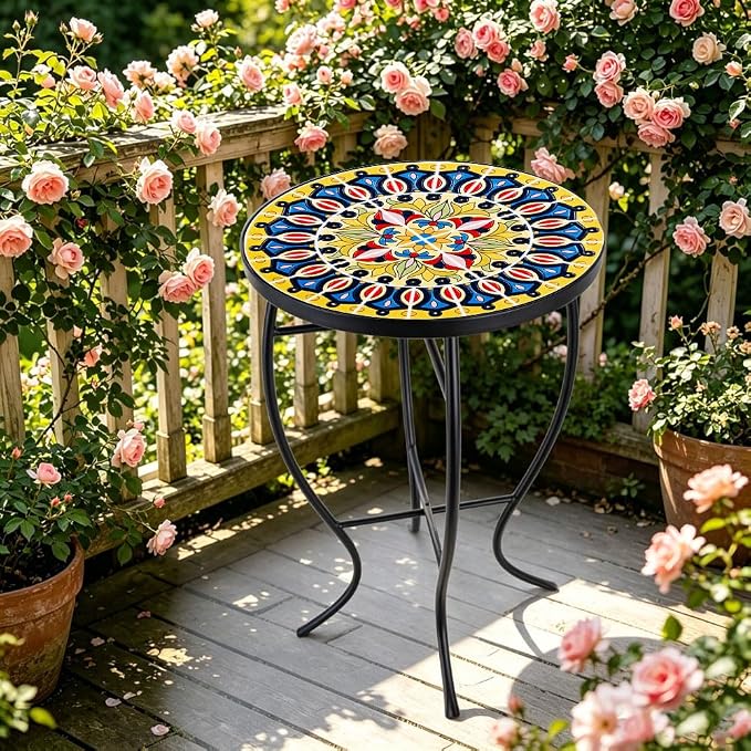 14 Inch Mosaic Patio Side Table with X-Curved Legs, Indoor Outdoor Accent Round End Table with Ceramic Tile Tops for Yard, Garden, Living Room, Bistro, C - Grand Mandala