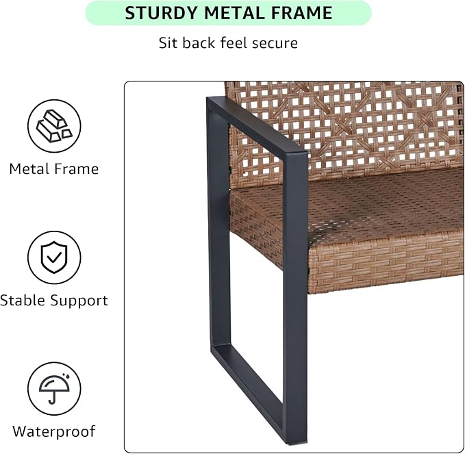 Outdoor Patio Furniture Set, 4 Piece Rattan Wicker Sectional with Loveseat Couch Sofa, Coffee Table and Chairs, Conversation Seating for Balcony, Porch, Deck, Backyard, Muebles de Exterior