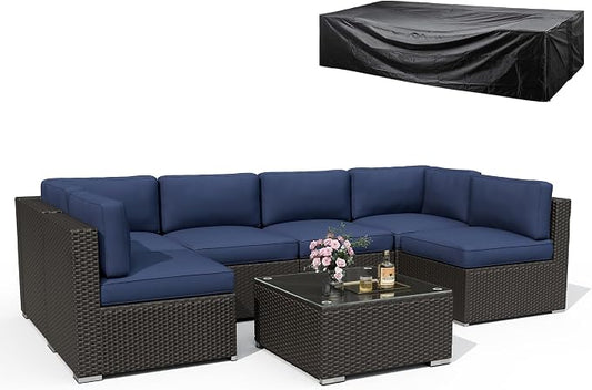8 Pieces Outdoor Patio Furniture Set with Waterproof Cover, Black Brown Wicker Patio Sectional Sofa Set, Outdoor Couch with Cushion and Tempered Glass Table, Dark Blue
