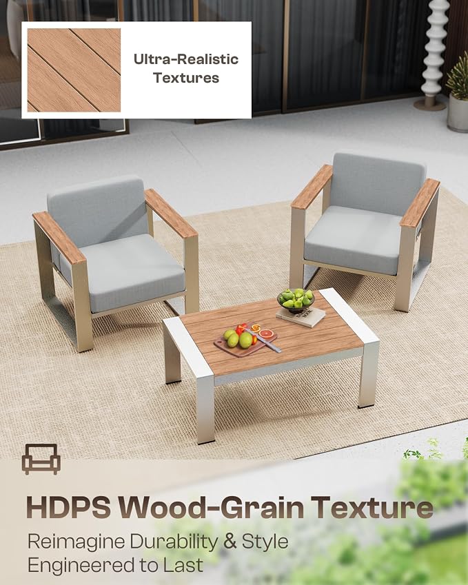 Patio Furniture Set, 5 Piece Aluminum Outdoor Furniture Set with Coffee Table, Wide Seat and Thick Cushions, Modern Outdoor Patio Conversation Sets for Deck, Porch (Teak-Gray)
