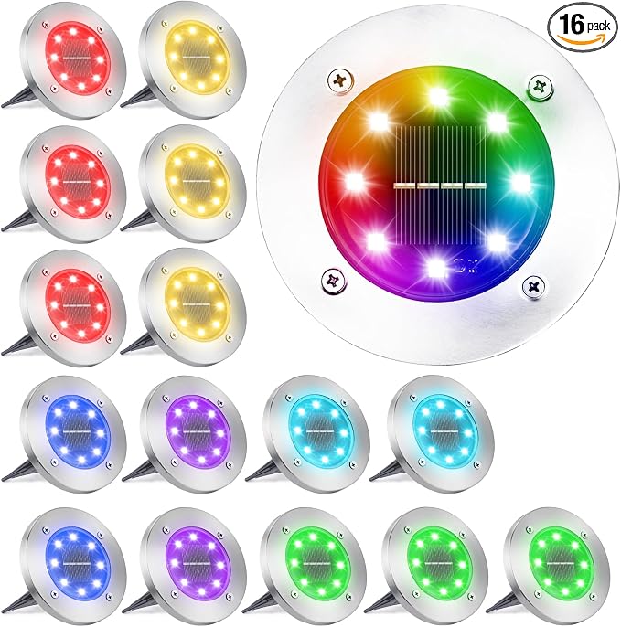 LYHOPE Solar Ground Light Outdoor, 16 Pack 8 LED Color Changing Solar Disk Lights Waterproof Garden In-ground Pathway Lights Landscape Lighting for Lawn,Yard,Deck,Patio,Walkway (RGB)