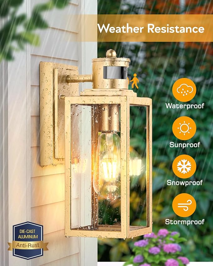 VIANIS 2 Pack Gold Motion Sensor Outdoor Porch Light, Modern Exterior Lighting Fixtures Wall Mount for House, Anti-Rust Waterproof Dusk to Dawn Outdoor Sconce Lights for Garage, Front Door, Patio