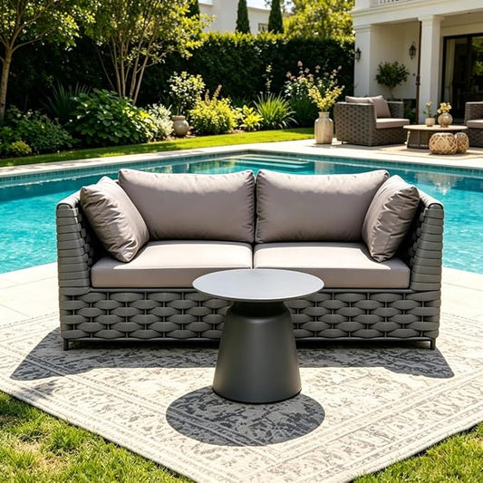 TWT 3-Piece Outdoor Conversation Set, Woven Rope Patio Sofa & Table in Gray. Quick assembly, water-resistant easy-clean cushions. Weather resistant and space-saving, great for indoor & outdoor spaces.