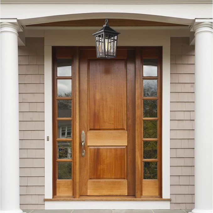 Darkaway Outdoor Pendant Light Fixture, Outdoor Hanging Light Porch Lights Fixtures Anti-Rust Waterproof Aluminum with Seeded Glass for Porch Entryway Doorway Farmhouse Black