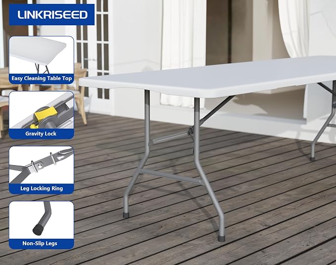 2 Pack 8FT White Folding Table for Outdoor, 8 Foot Picnic Tables No Assembly Required Portable, White Foldable Table for Camping, Parties, Meeting, Events, Wedding, with Carrying Handle