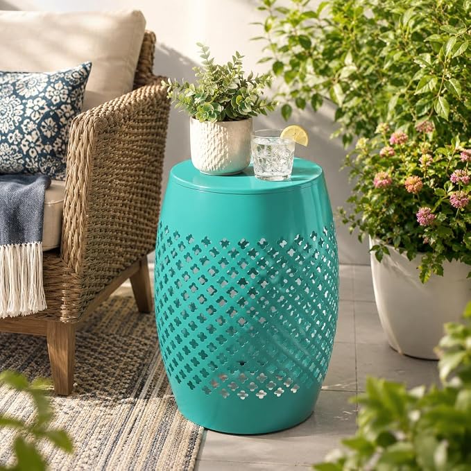 12" Outdoor Side Table, Decorative Cutout Metal Round Side Table, Multi Functional - Coffee Table, Night Stand, Plant Stand for Patio, Garden, Backyard, Gazebo Indoor (Green)