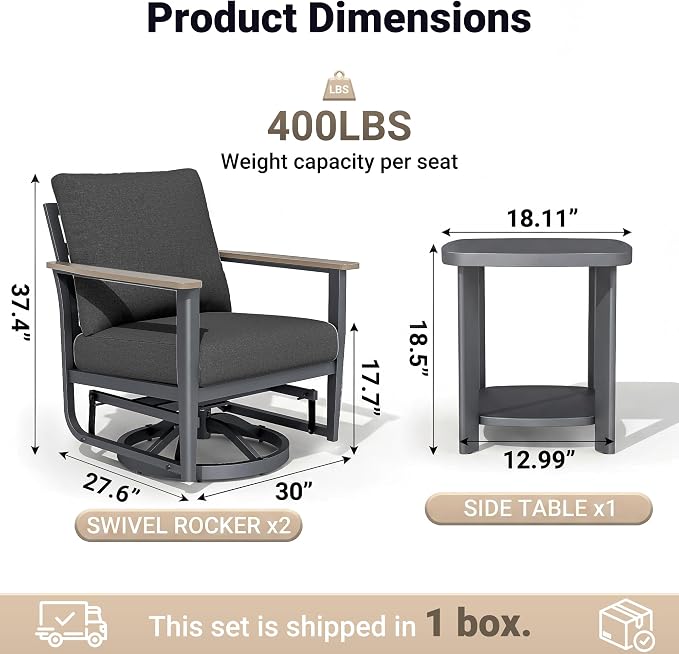 Aluminum Swivel Rocking Chairs, 3-Piece Outdoor Patio Furniture Set with Side Table, Rust-Proof Metal Gliders with Wood-Like Armrests & 5.1" Thick Cushions for Backyard, Porch, Black