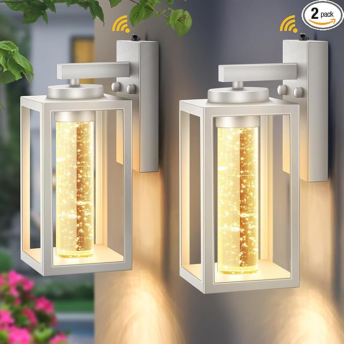 VIANIS 2 Pack Dusk to Dawn Outdoor Sconce Lights, White Built-in 10W LED Exterior Lighting Fixtures Wall Mount for House, Anti-Rust Modern Porch Lights Outdoor for Garage with Crystal Bubble Glass