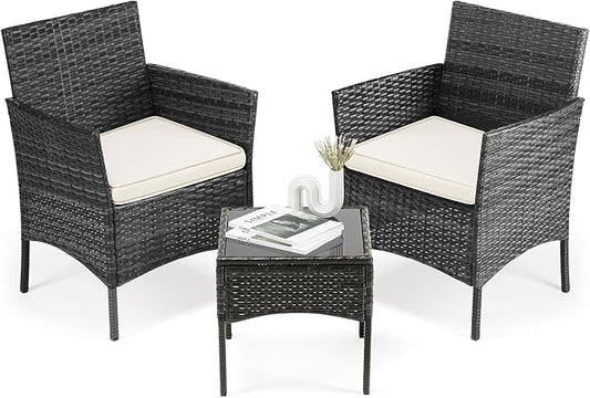 DUMOS 3 Piece Patio Furniture Set, All-Weather Outdoor Wicker Chairs with Removable Cushions & Tempered Glass Table, Small Bistro Set for Porch, Balcony, Lawn, Backyard, Black