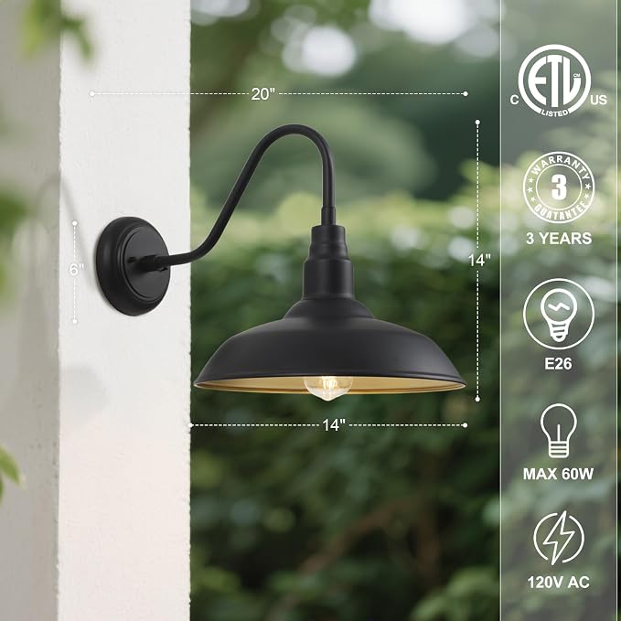 14in Dome Large Outdoor Barn Lights, Black Exterior with Gold Interior Gooseneck Light Fixture, Outside Wall Mount Industrial Sconce for Porch Farmhouse Garage Front Door Patio Entryway