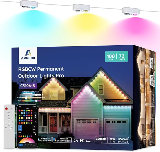 APPECK Permanent Outdoor Lights Pro, 100ft with 72 RGBCW Eaves Lights | Dual Lens, 72W, 80lm, Cuttable, IP67 Waterproof Lighting for Daily and Holiday Decor, Compatible with Alexa, White