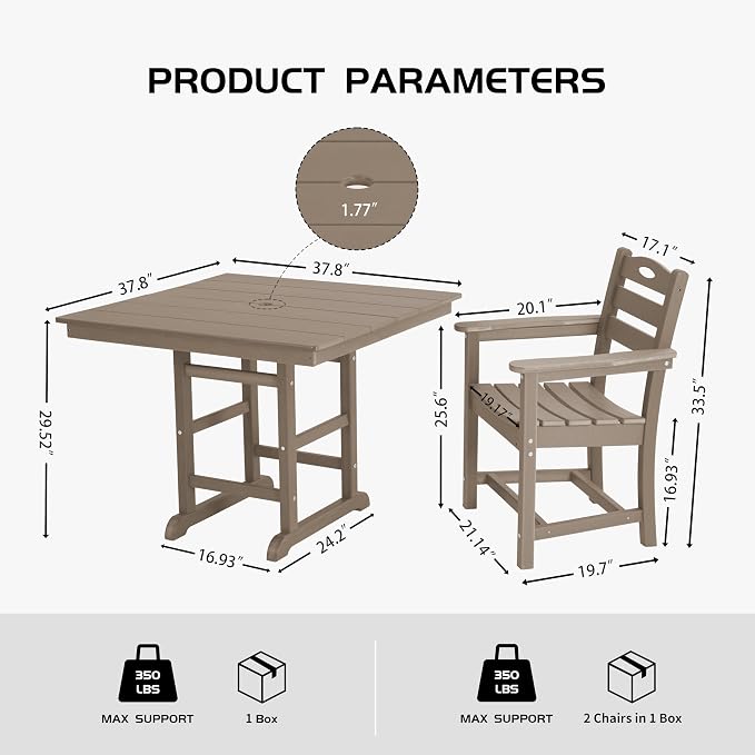 3 Piece Outdoor Patio Dining Set, HDPE 37.8" Square Dining Table & 2 Comfortable Armchairs, 1.77" Umbrella Hole, Heavy Duty Poly Bistro Furniture for Balcony, Porch, Garden, Poolside, Weathered Wood