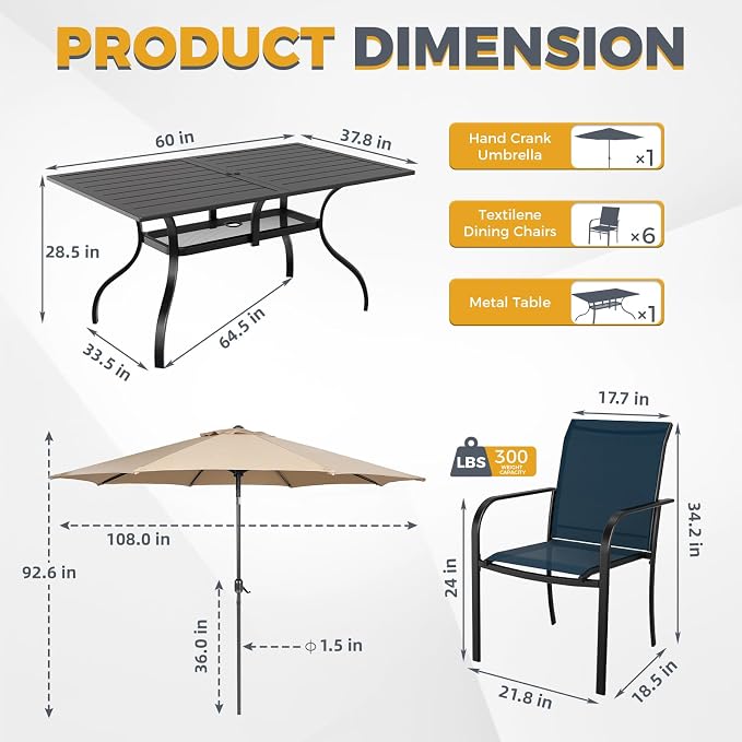 Crownland 7 Piece Patio Dining Set, Outdoor Textilene Dining Sets, 6 Textilene Metal Chairs and Rectangular Outdoor Dining Table with Khaki 9FT Round Outdoor Umbrella (Blue)