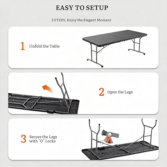 DWVO 6FT Folding Table, Heavy Duty Folding Tables with Carrying Handle, HDPE Fold up Table for Outdoor Camping Picnic Parties, Indoor Events (Black)