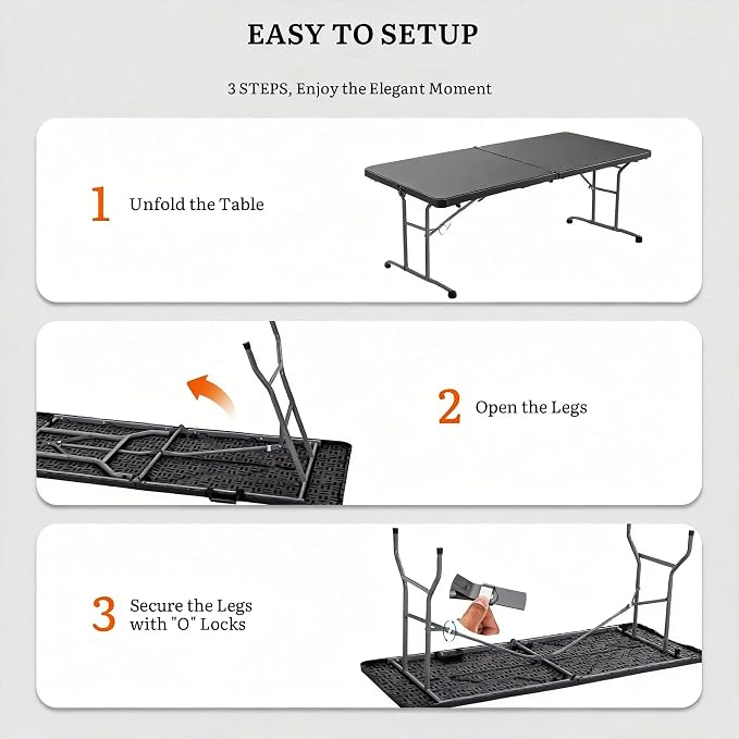 DWVO 6FT Folding Table, Heavy Duty Folding Tables with Carrying Handle, HDPE Fold up Table for Outdoor Camping Picnic Parties, Indoor Events, Black