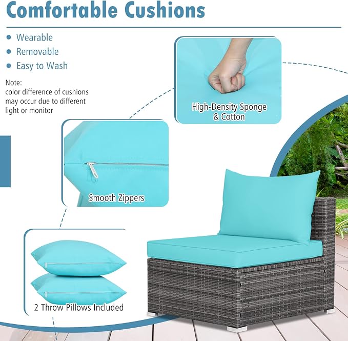 DORTALA 7 Pieces PE Rattan Patio Furniture Set, All-Weather Wicker Conversation Set W/Soft Cushions & Pillows, Coffee Table, Outdoor Sectional Sofa Set for Balcony, Poolside, Backyard, Turquoise