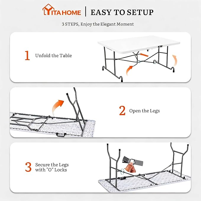 DWVO 6FT Folding Table, Heavy Duty Folding Tables with Carrying Handle, HDPE Fold up Table for Outdoor Camping Picnic Parties, Indoor Events (White)